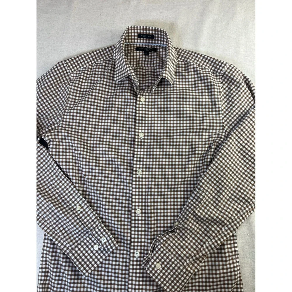 Banana Republic Grant Fit Shirt Mens Small Brown Gingham Non-Iron Cotton Stretch